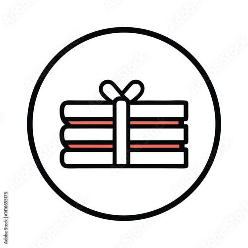 Stacked Book Icon Illustration, White Pages and Pink Edges in Circular