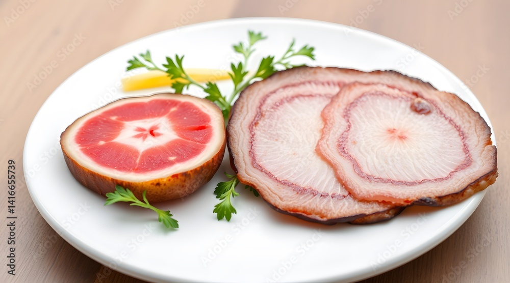 High-Resolution Close-Up of Sliced Meat Cutlets with Garnish Isolated on White Background – Stock Food Photo High-Resolution Close-Up of Sliced Meat Cutlets with Garnish Isolated on White Background – Stock Food Photo