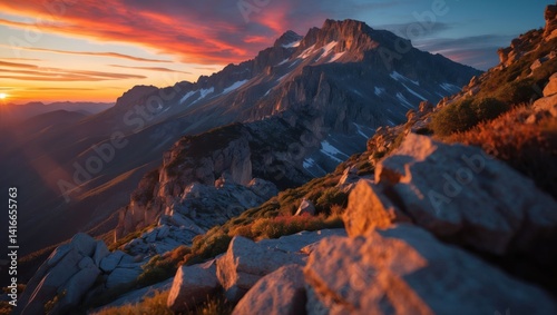 Mountain Ridge View at Sunset with Striking Colorful Sky