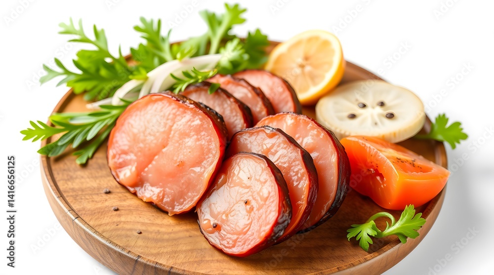 High-Resolution Close-Up of Sliced Meat Cutlets with Garnish Isolated on White Background – Stock Food Photo High-Resolution Close-Up of Sliced Meat Cutlets with Garnish Isolated on White Background – Stock Food Photo