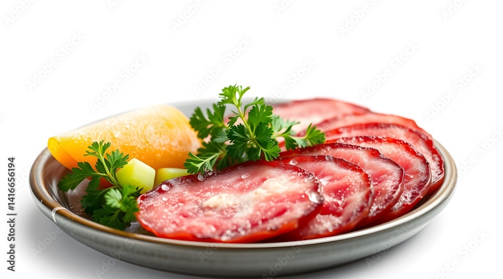 High-Resolution Close-Up of Sliced Meat Cutlets with Garnish Isolated on White Background – Stock Food Photo High-Resolution Close-Up of Sliced Meat Cutlets with Garnish Isolated on White Background – Stock Food Photo