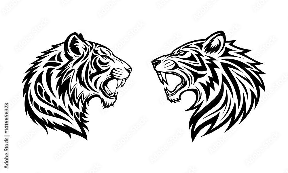 Obraz premium Classic wildlife tiger head line illustration, artistic tiger face.