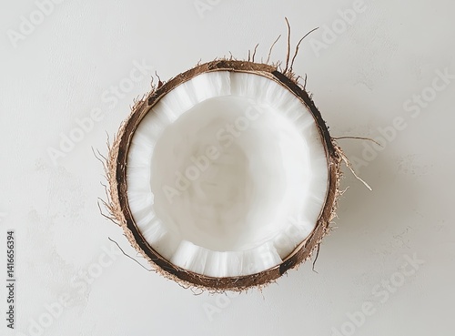 Halved coconut showcasing its white flesh and brown husk against a light background