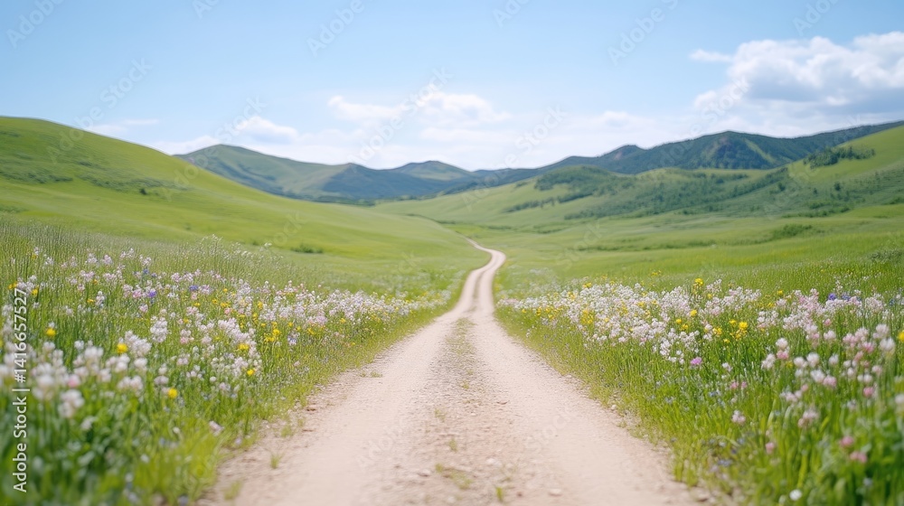 Fototapeta premium Scenic dirt road through a vibrant meadow, leading to rolling hills under a clear sky