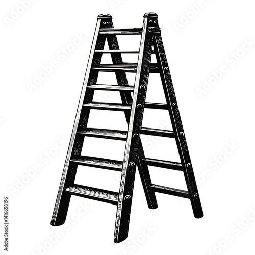 Vintage engraving of a ladder, black and white, for reaching high places on a transparent background