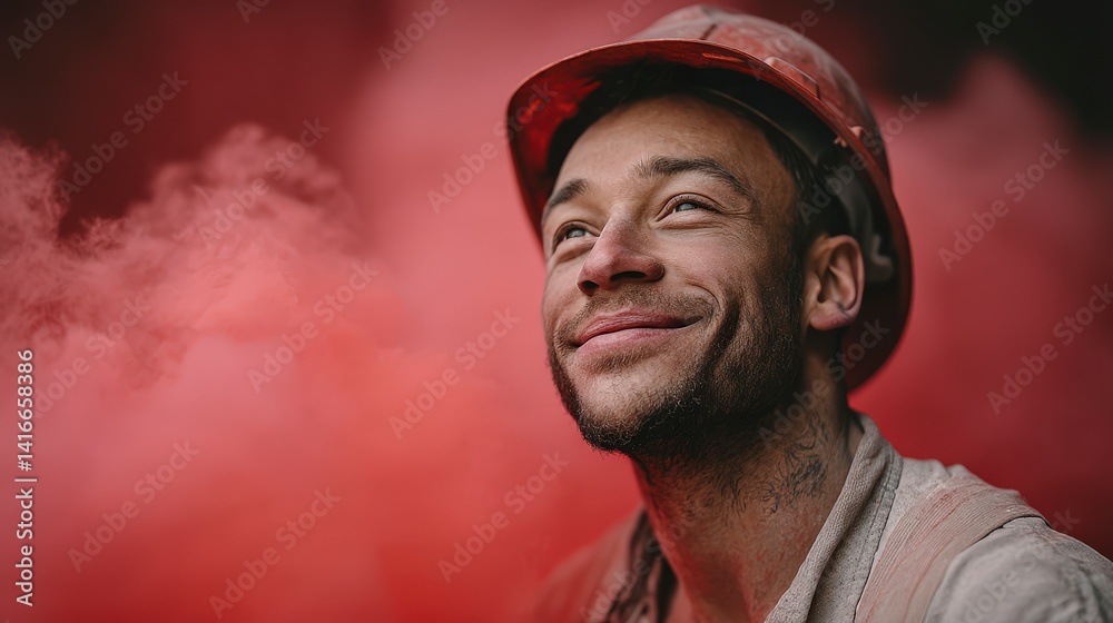 Obraz premium Happy Construction Worker Red Smoke Hard Hat Industrial Portrait
