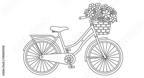 Simple Floral Bicycle Illustration Coloring Sheet Featuring Handlebar Basket Filled with Flowers Kids Art Project