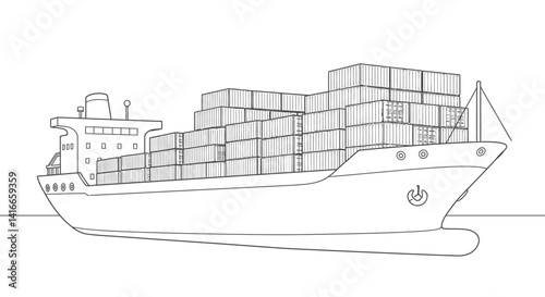 Cargo Ship Coloring Page Outline with Stacked Shipping Containers on Deck Maritime Transport Vessel Illustration