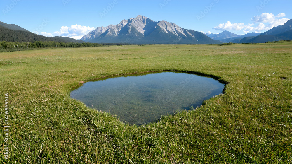 Obraz premium Tranquil pond meadow landscape serene nature scene with mountain backdrop