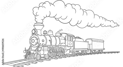 Steam Engine Train Outline Coloring Page with Profuse Chimney Smoke Plumes Historical Transport Vehicle Art