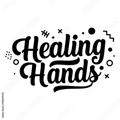 Bold, stylized lettering proclaims "Healing Hands" with a touch of graphic design elements.  Suitable for wellness-related advertising, social media, or print media.