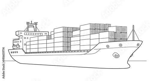 Ocean Freighter Vessel Line Art Coloring Sheet Featuring Clearly Stacked Shipping Containers On Deck Activity