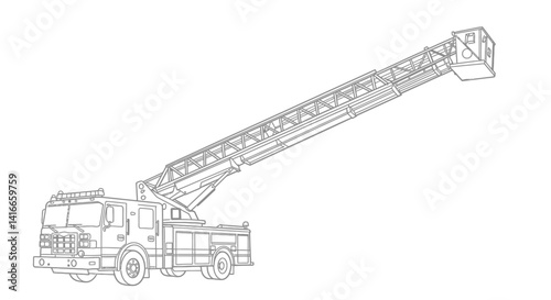 Fire Truck Coloring Page Illustration with Fully Extended Ladder Pointing Skyward Emergency Vehicle Outline Art