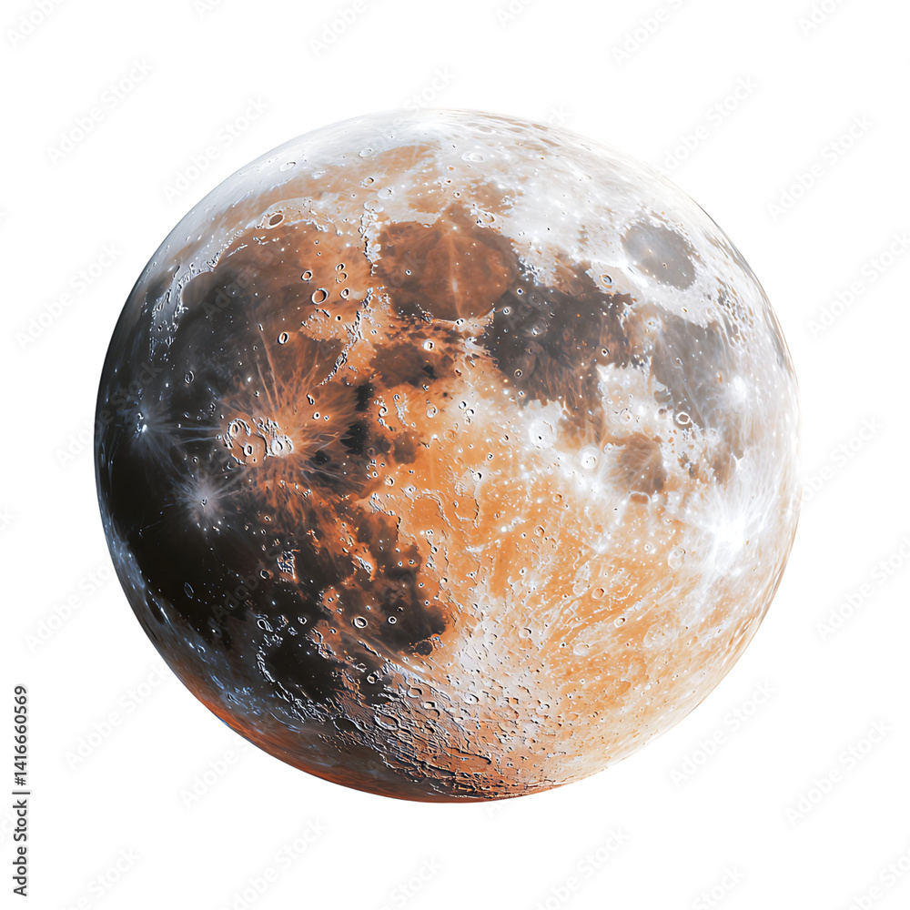 Highly detailed and realistic image of the moon showing craters ridges and surface textures in soft beige and gray tones isolated on a transparent background