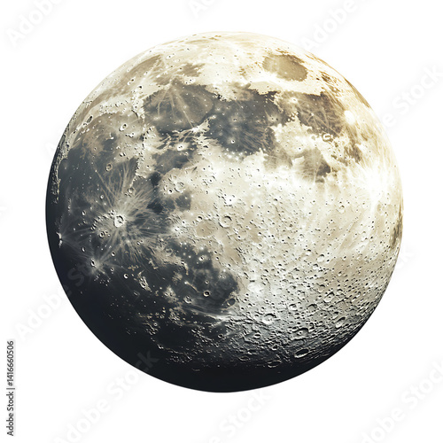 Highly detailed and realistic image of the moon showing craters ridges and surface textures in soft beige and gray tones isolated on a transparent background