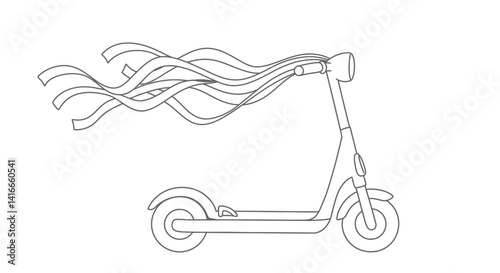 Scooter Coloring Page Outline with Colorful Handlebar Streamers Flowing Fun Kids Vehicle Ride Illustration