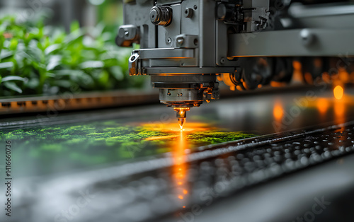 Close up of large digital printer producing high resolution image of green landscape
