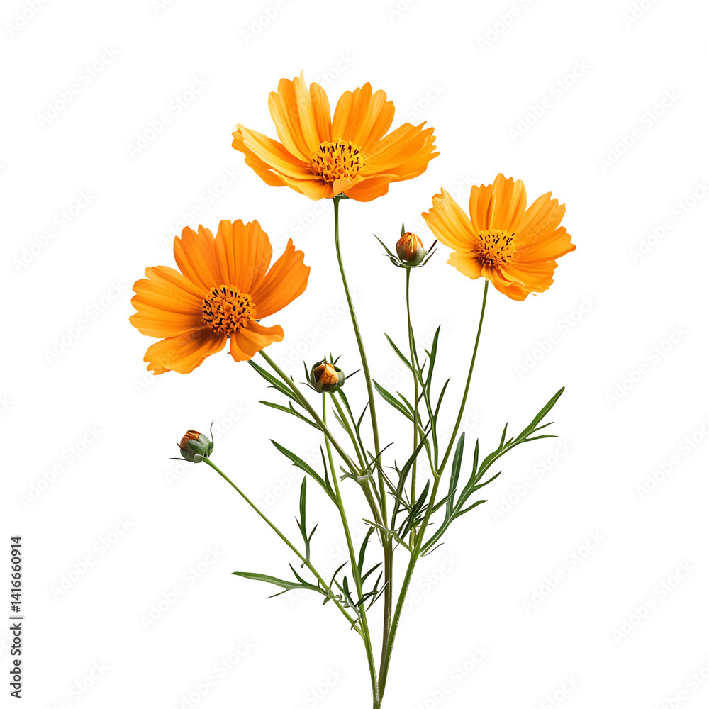 Cluster of vibrant orange cosmos flowers with slender green stems and unopened buds isolated on a transparent background