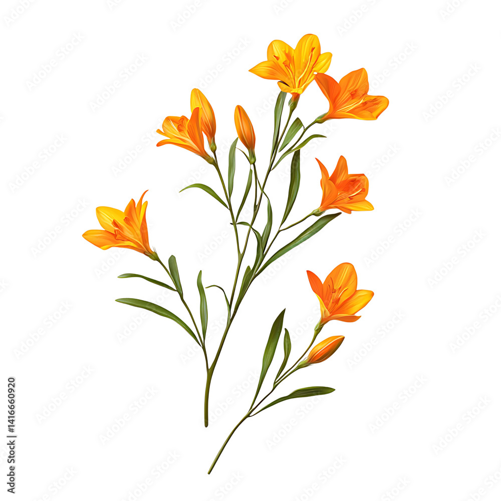 Cluster of vibrant orange cosmos flowers with slender green stems and unopened buds isolated on a transparent background
