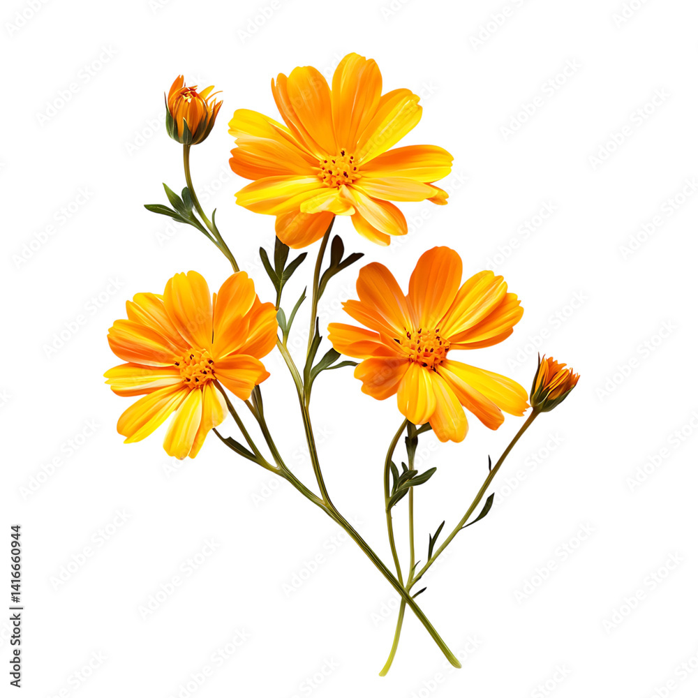 Cluster of vibrant orange cosmos flowers with slender green stems and unopened buds isolated on a transparent background