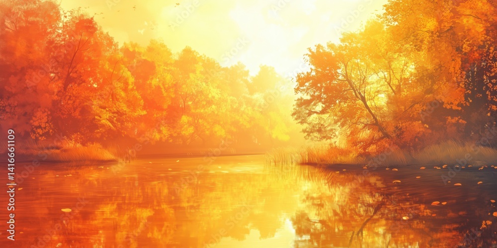 Autumn landscape with golden trees reflecting in tranquil river at sunset Autumn landscape with golden trees reflecting in tranquil river at sunset