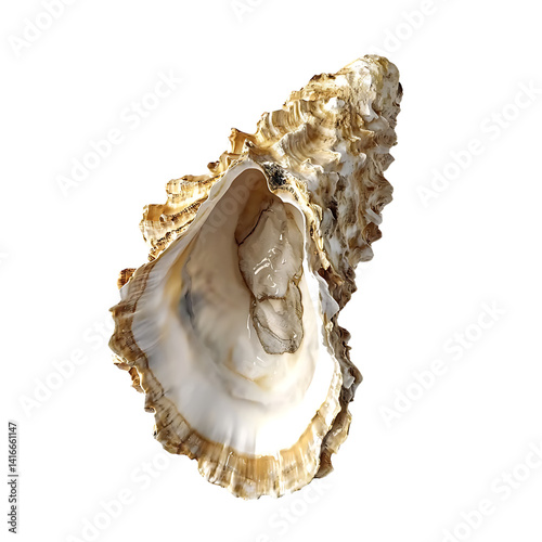 Single fresh oyster inside a rugged shell with creamy texture and briny surface isolated on a transparent background
