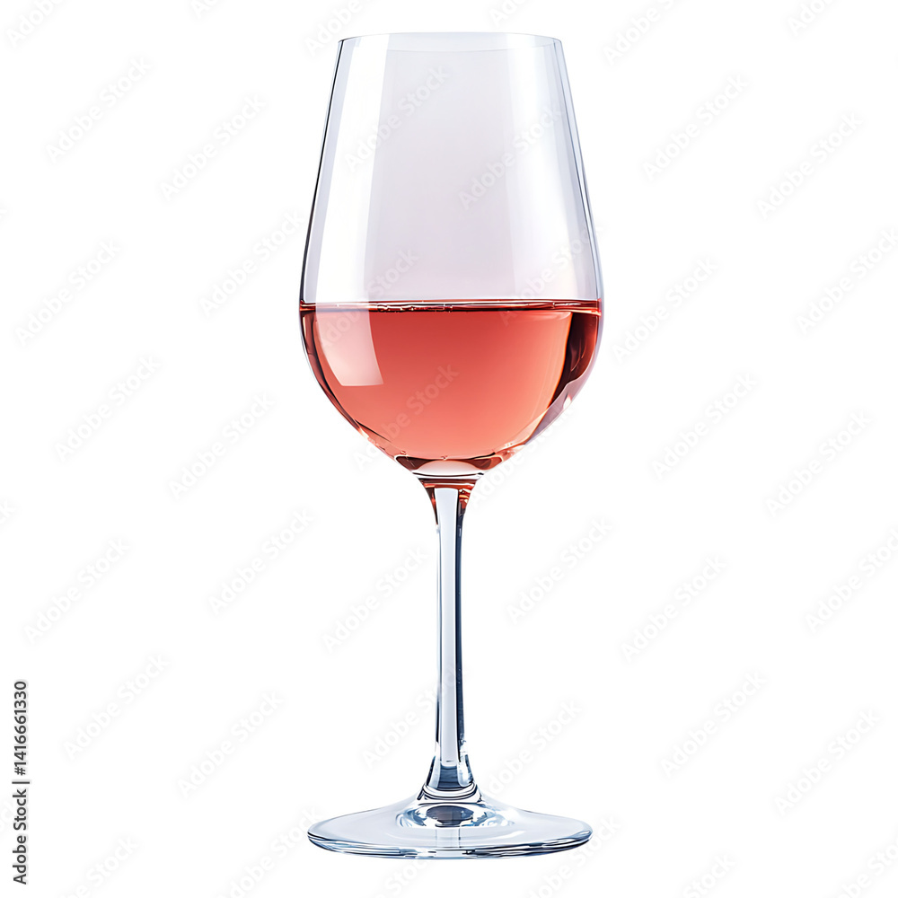 Elegant glass of pink rosé wine filled halfway with a delicate curve and clear stem isolated on a transparent background