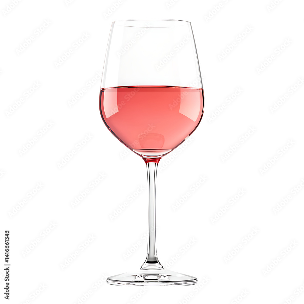 Elegant glass of pink rosé wine filled halfway with a delicate curve and clear stem isolated on a transparent background