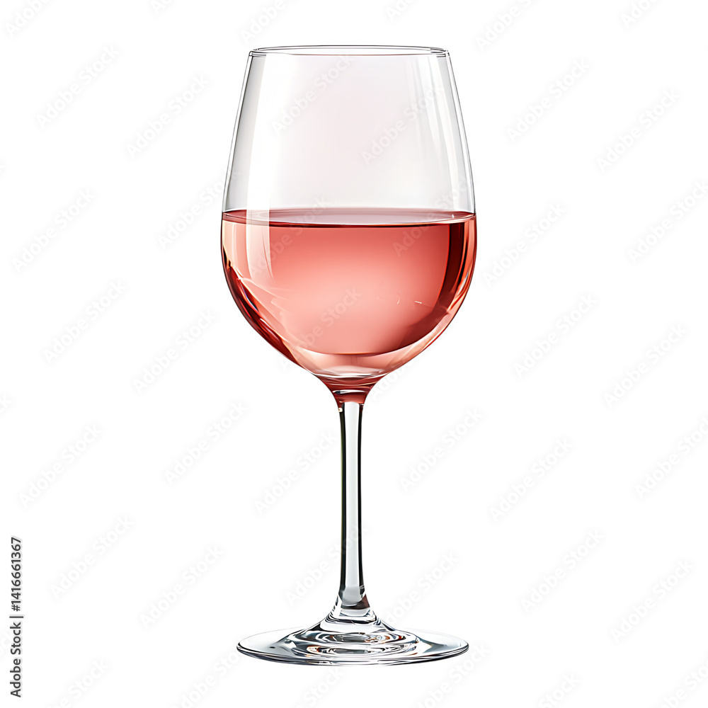 Elegant glass of pink rosé wine filled halfway with a delicate curve and clear stem isolated on a transparent background