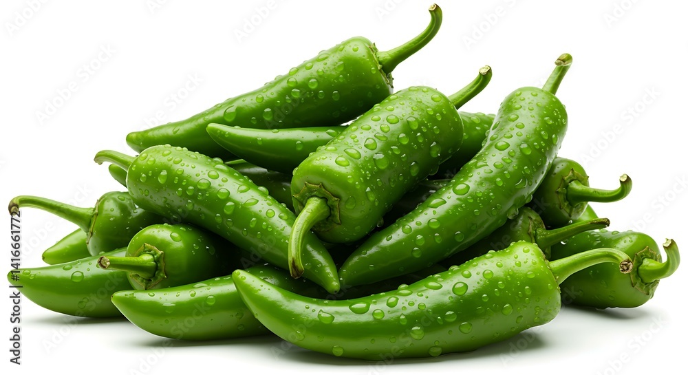 drops water green chili on white background drops water green chili on white background