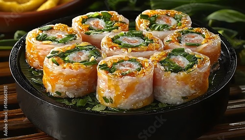 Crispy rice paper rolls with shrimp and vegetables.