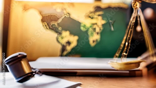 Legal scales on a desk with a globe map in the background, representing justice and international law practice