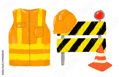 Cute set collections of safety road sign construction site worker doodle kids illustration watercolor street traffic element boy birthday party theme helmet vest cone png clipart sticker