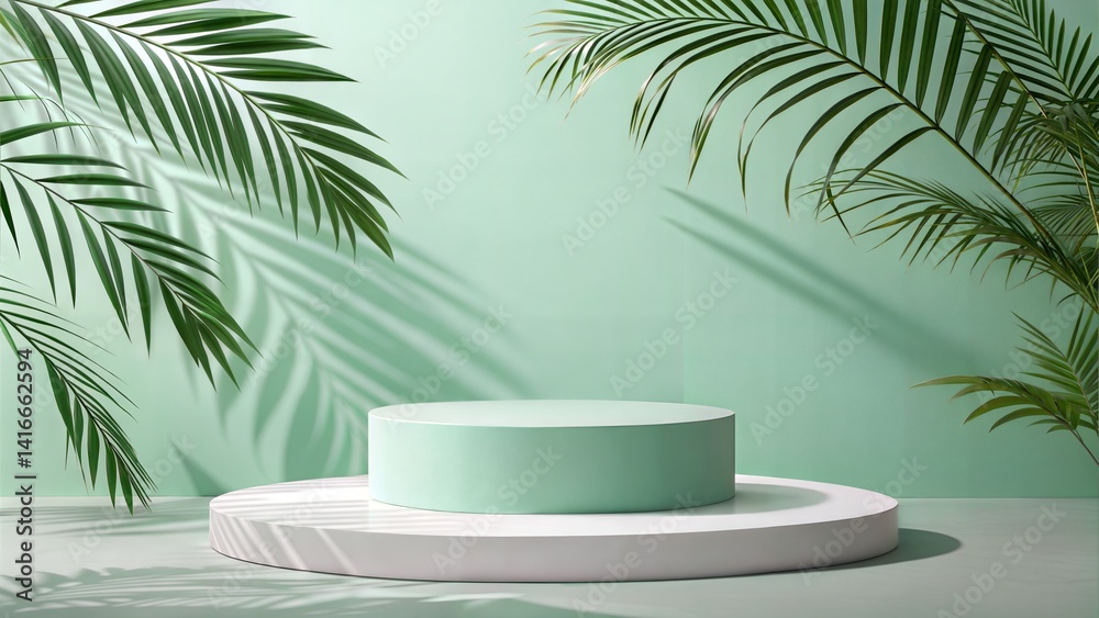 Minimalist podium with soft tropical palm leaf shadows on a pastel green background, creating an elegant product display. (Podium) Minimalist podium with soft tropical palm leaf shadows on a pastel green background, creating an elegant product display. (Podium)