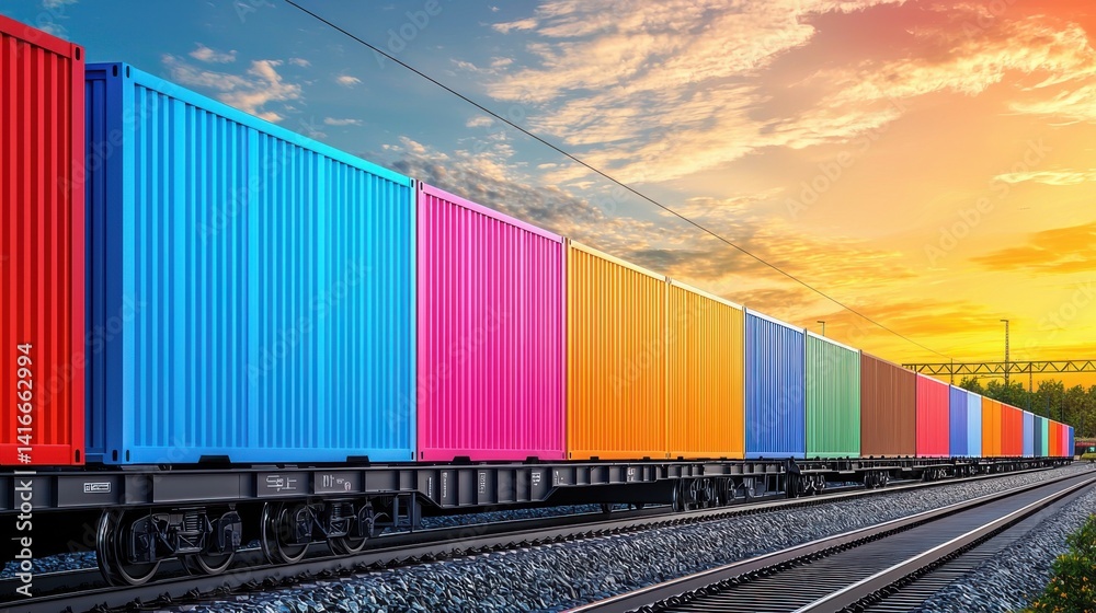 Fototapeta premium Colorful cargo train under a bright sunset against a cloudy sky