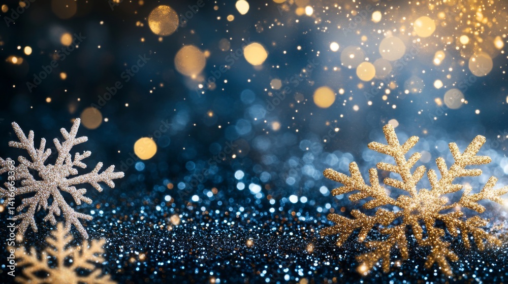 Obraz premium Gold and Silver Snowflakes on Blue Glitter Background