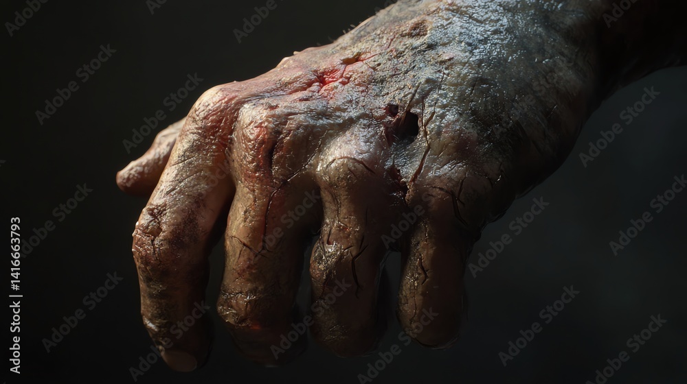 Creepy Zombie Hand with Wounds and Scars in Dark Setting