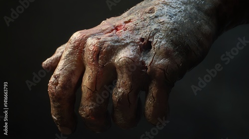 Obraz na płótnie Creepy Zombie Hand with Wounds and Scars in Dark Setting w salonie