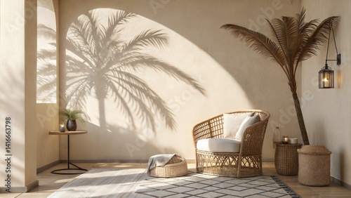 Minimal product placement background with palm shadow on beige plaster wall. Luxury summer interior with a boho home room for product stage mockup. (Podium)