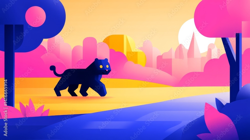 Fototapeta premium Pixelated panther strides through gradient landscape amidst blocky trees and abstracted cityscape evoking tranquil futuristic wildlife exploration
