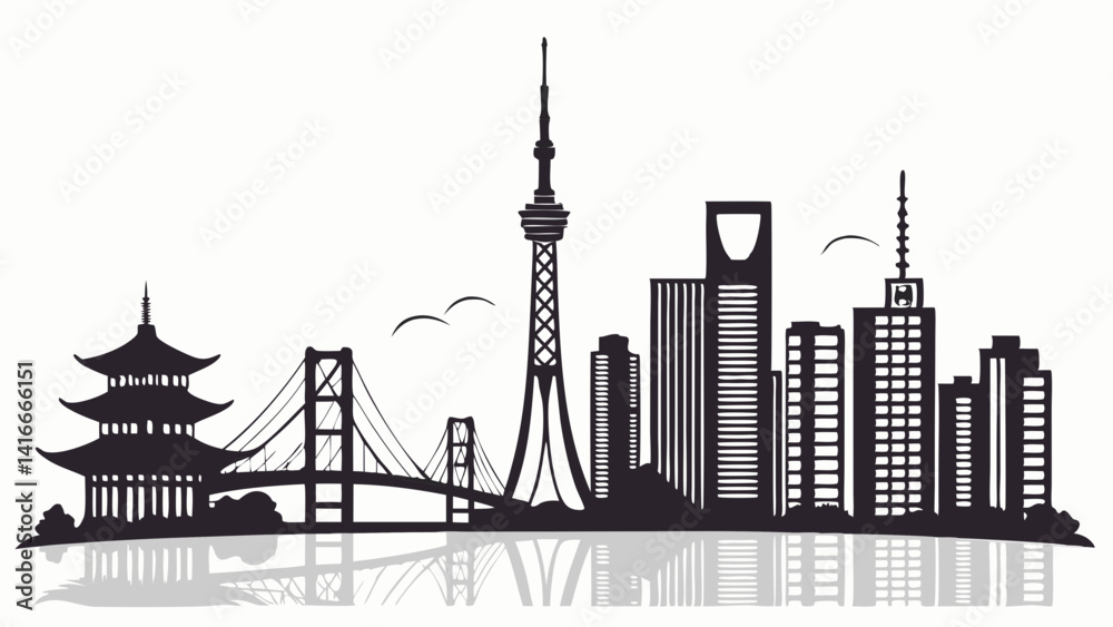 Obraz premium Tokyo, Japan Skyline Silhouette – Iconic Cityscape in Black and White