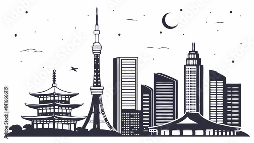 Tokyo, Japan Skyline Silhouette – Iconic Cityscape in Black and White