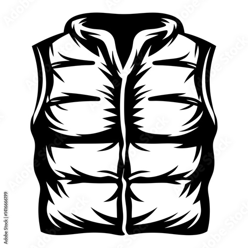 Stylized Black and White Illustration of a Puffer Vest with a Hood