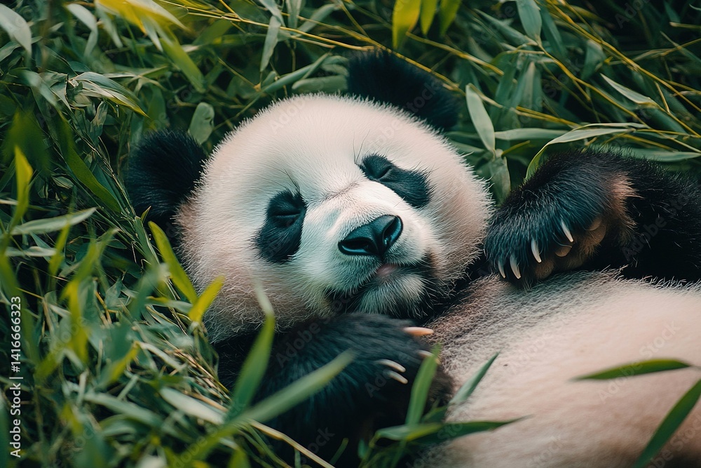 Obraz premium A sleepy panda lying belly-up, surrounded by bamboo and nestled in the grass