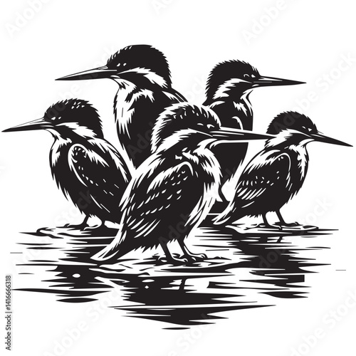 Black and White Illustration of Four Kingfishers Perched by Water
