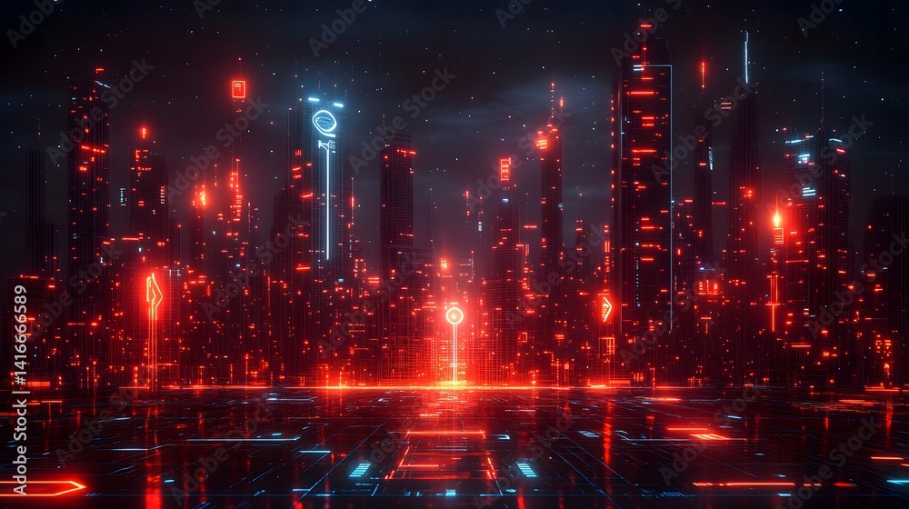 Obraz premium Neon-lit futuristic cityscape awash in vibrant, digital light.