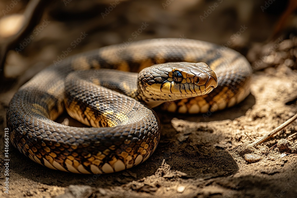 A slithering snake curling its body on the ground, its scales shining under the light A slithering snake curling its body on the ground, its scales shining under the light