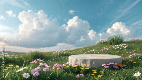 Fototapeta Naklejka Na Ścianę i Meble -  Abstract 3D render of a spring scene with a stone podium on colorful flowers and grass, with a blue sky and clouds as the backdrop for product display or advertising. (Podium)