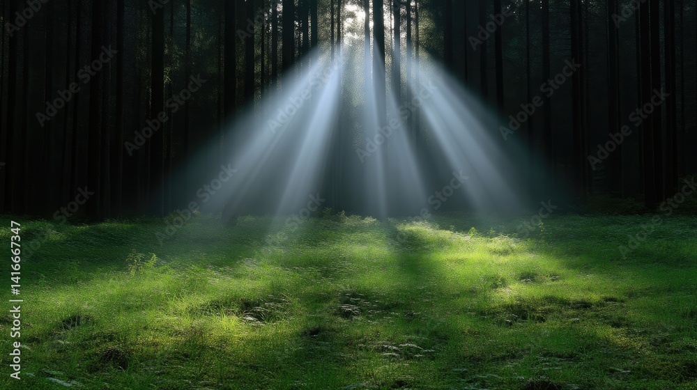 Obraz premium Sunlight streams through a dark forest. Rays of light illuminate a grassy clearing