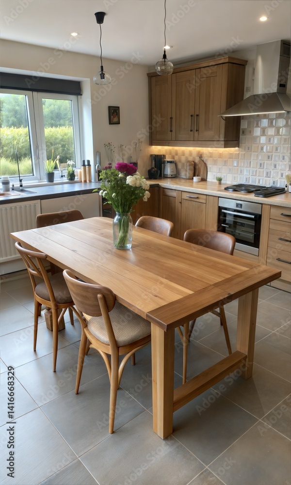 Fototapeta premium Natural Wooden Table with Kitchen Background 